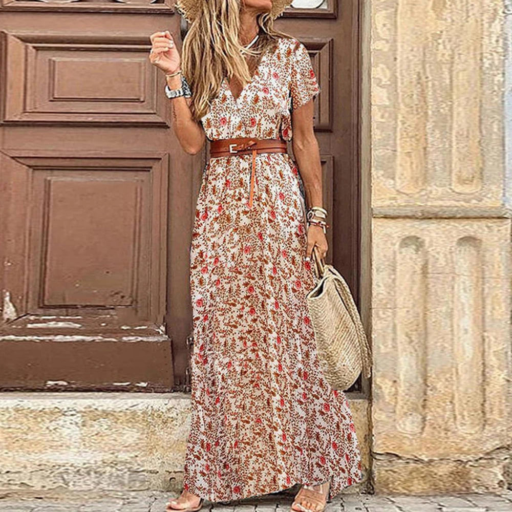 Printed Short Sleeve Maxi Slit Dress