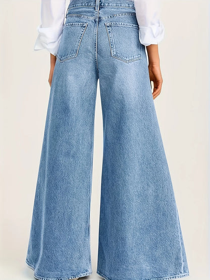 Women's faded light blue high-rise wide leg denim jeans for casual fashion