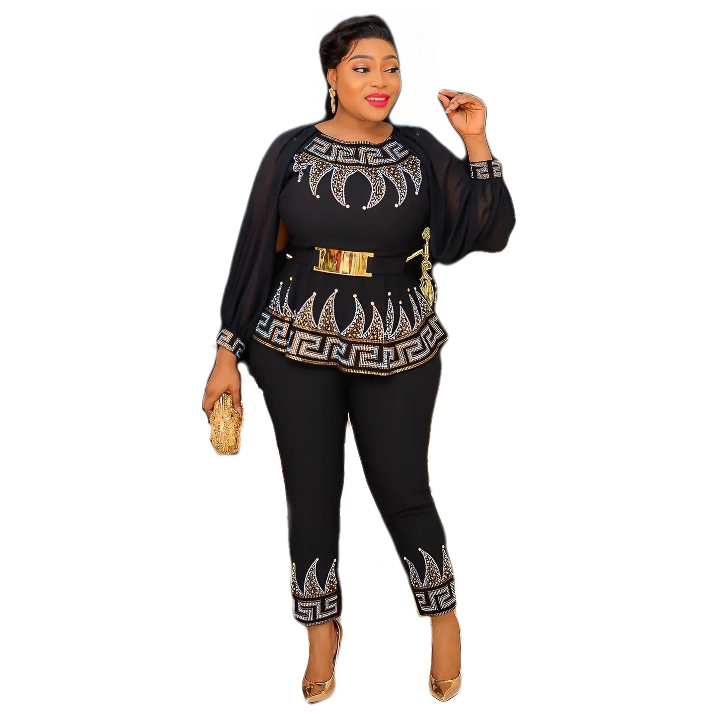 Beaed Long Sleeve Peplum Top and Pants African Clothes