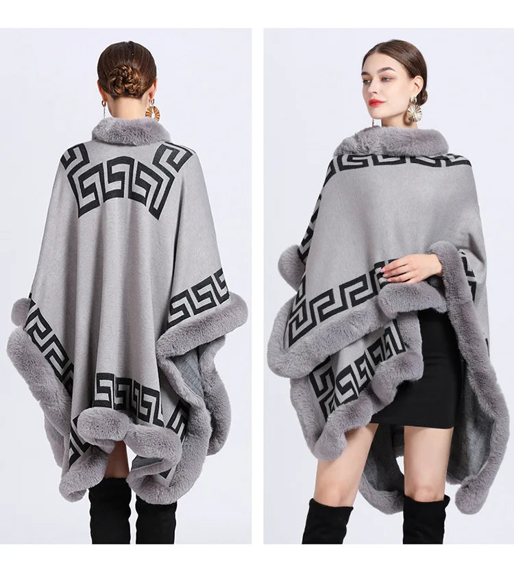 Striped Poncho Cape Cashmere Loose Shawl Cloak Women Faux Rabbit Fur Collar Big Pendulum Coat for Women