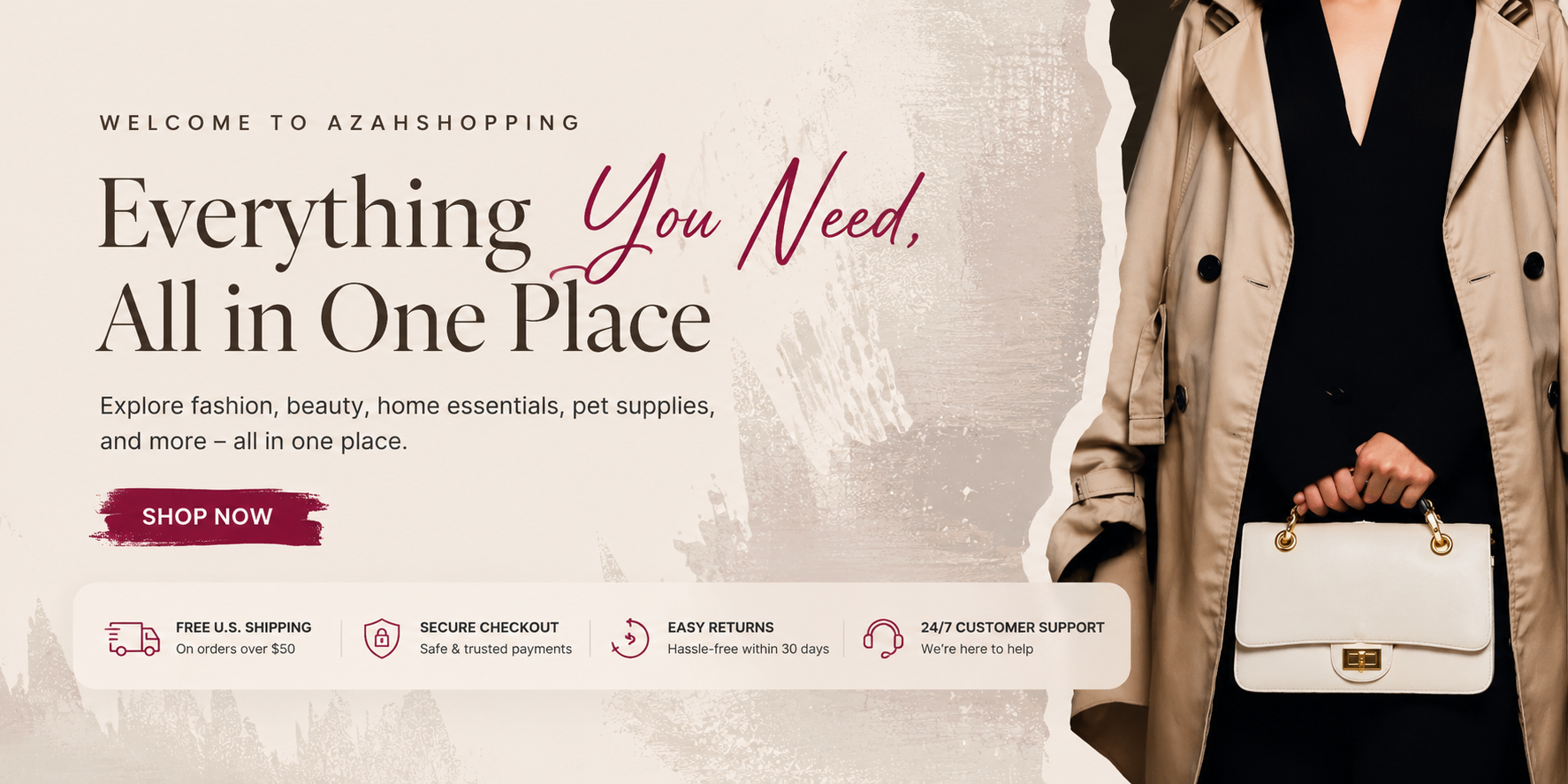 Azahshopping hero banner showcasing fashion, beauty, home essentials, pet supplies, and lifestyle products with free U.S. shipping and secure checkout.