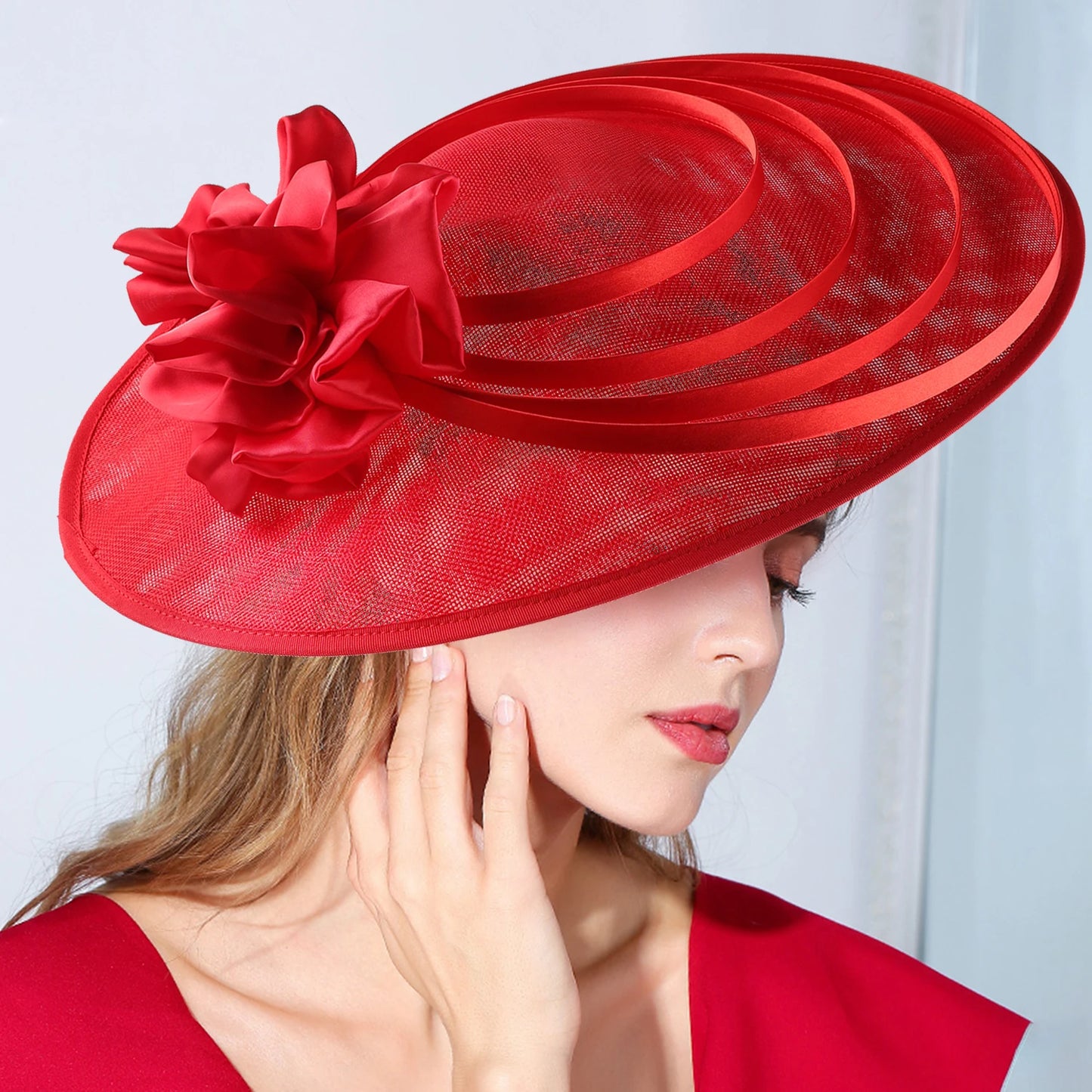 Red Flower Fascinator – White Sinamay Kentucky Derby & Wedding Hat