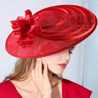 Red Flower Fascinator – White Sinamay Kentucky Derby & Wedding Hat