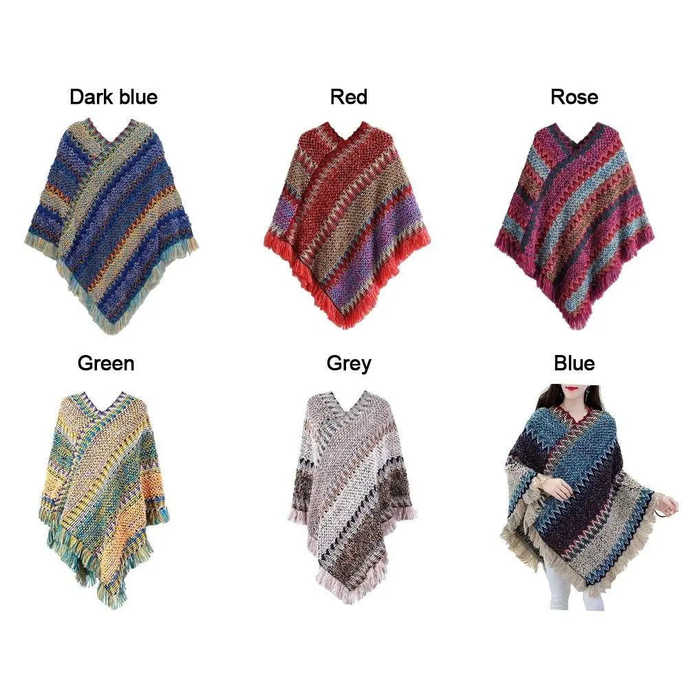 Coat Overlays Winter Warm Mongolian Poncho Ethnic Style Striped Knitting Wraps Polyester Pullover Tassel Shawl for Women