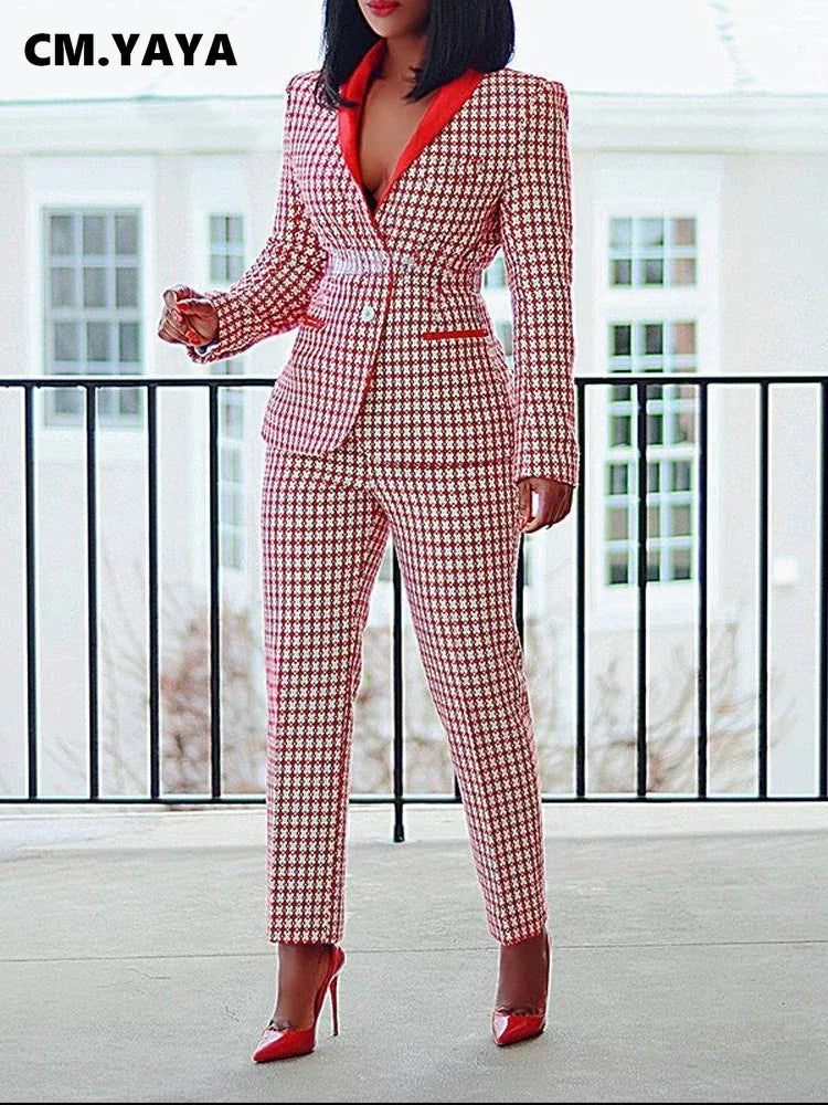 Elegant Houndstooth Blazer Suit and Pants Two 2Piece Set for Women Autumn Winter Classic OL Street Outfit Tracksuit