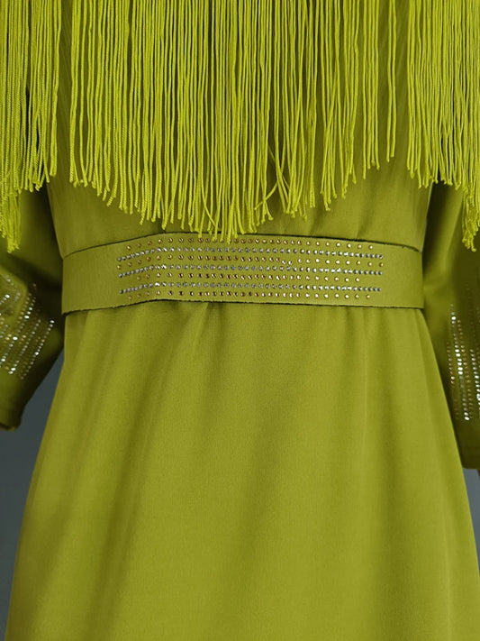 Elegant Bodycon Dress for Women Crystal Mesh Patchwork Crew Neck Sweetheart Tassel Midi Dress Chic Night Out Party Dress