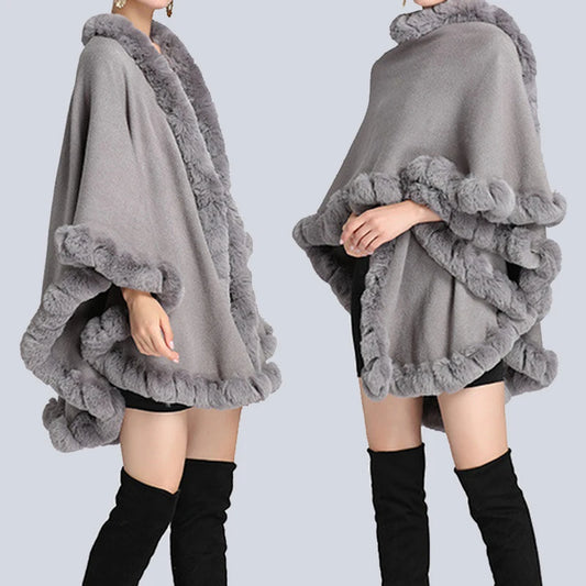 Full Trim Faux Rex Rabbit Fur Cape Coat Loose Knit Cashmere Cloak Shawl Fall Winter New Pallium Outwear for Women