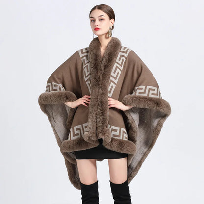 Striped Poncho Cape Cashmere Loose Shawl Cloak Women Faux Rabbit Fur Collar Big Pendulum Coat for Women