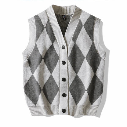 Men's Plaid Sweater Vest Sleeveless V-Neck Button Cardigan Vest Fashion Office Knitted Vest Classic Fit Tank Tops