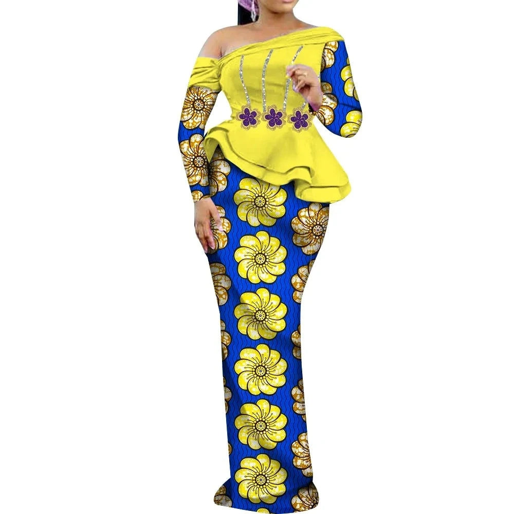 One Shoulder Long Sleeve Dashiki Print Peplum African Dress