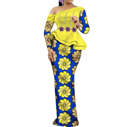 One Shoulder Long Sleeve Dashiki Print Peplum African Dress