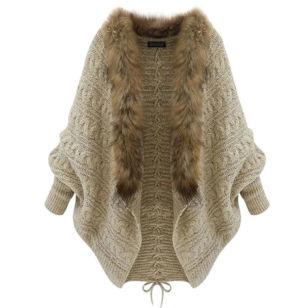 Thick Poncho Capes Autumn Winter Femme Knitted Bat Sleeve Fur Collar Sweater Knitted Cardigan for Women