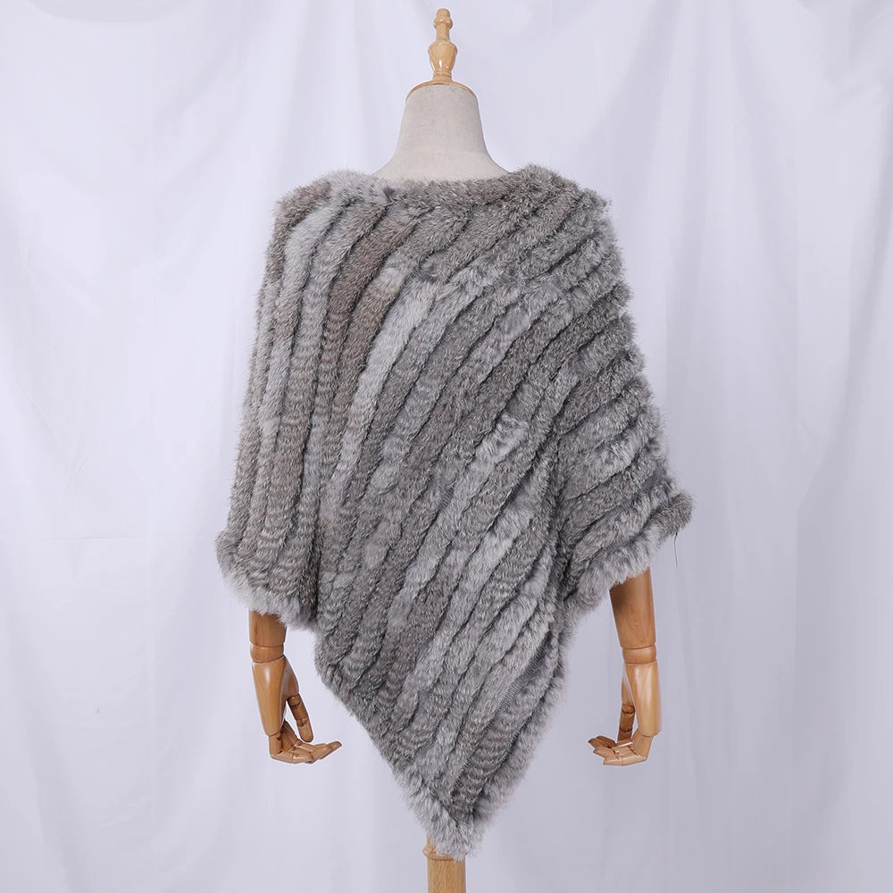 Genuine Rabbit Fur Knitted Natural Fur Poncho Fashion Wrap Coat Shawl Lady Scarf for Women