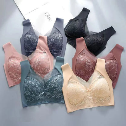 Sexy Lace Bra for Women, Perspective Full Cup Solid Color Brassiere V-Neck Seamless Crop Top, Female Push Up Breathable Lingerie