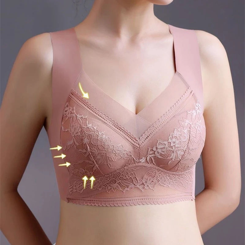 Sexy Lace Bra for Women, Perspective Full Cup Solid Color Brassiere V-Neck Seamless Crop Top, Female Push Up Breathable Lingerie