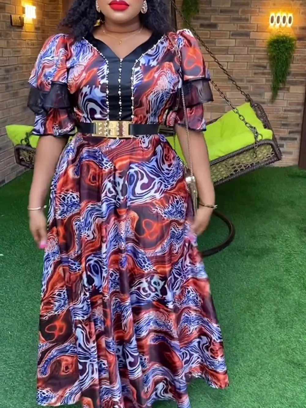 Printed Puff Short Sleeve Maxi African Dress