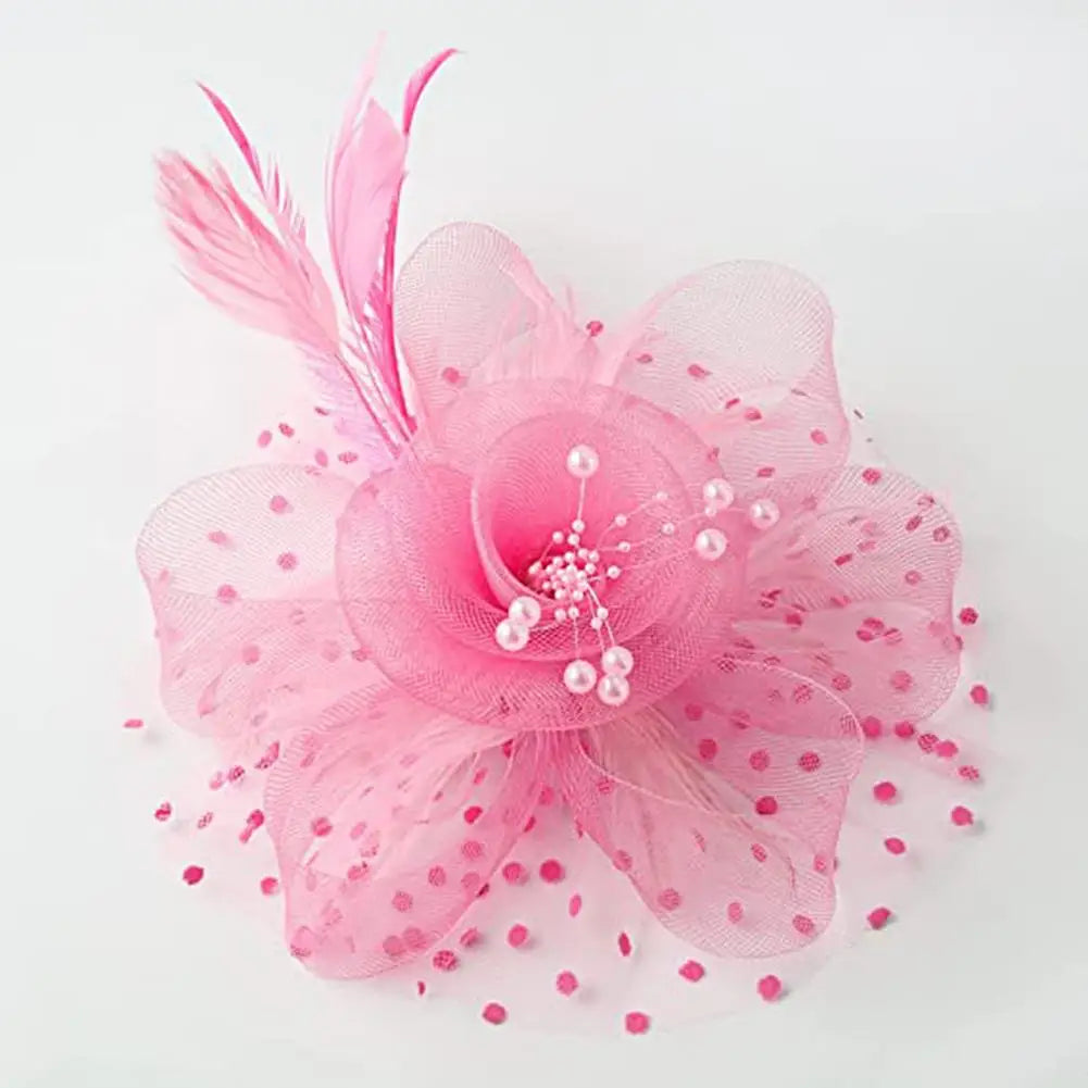 Feather & Mesh Flower Fascinator with Faux Pearls