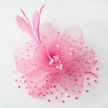 Feather & Mesh Flower Fascinator with Faux Pearls