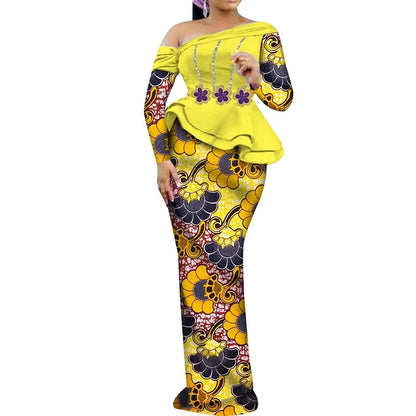 One Shoulder Long Sleeve Dashiki Print Peplum African Dress