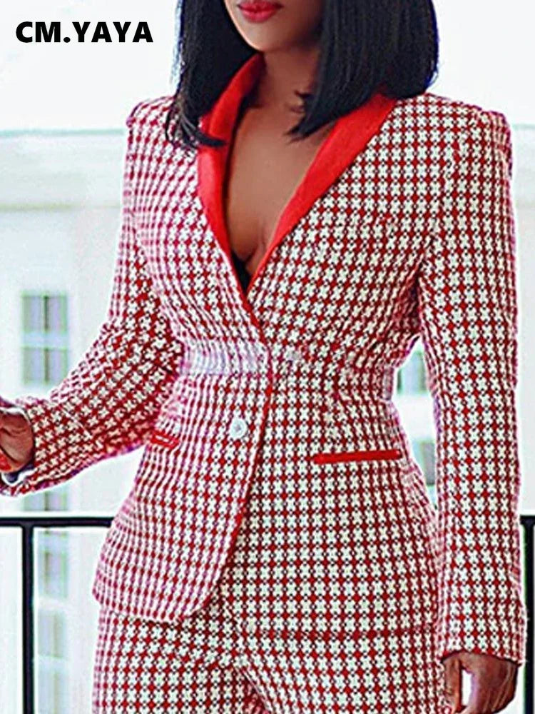 Elegant Houndstooth Blazer Suit and Pants Two 2Piece Set for Women Autumn Winter Classic OL Street Outfit Tracksuit