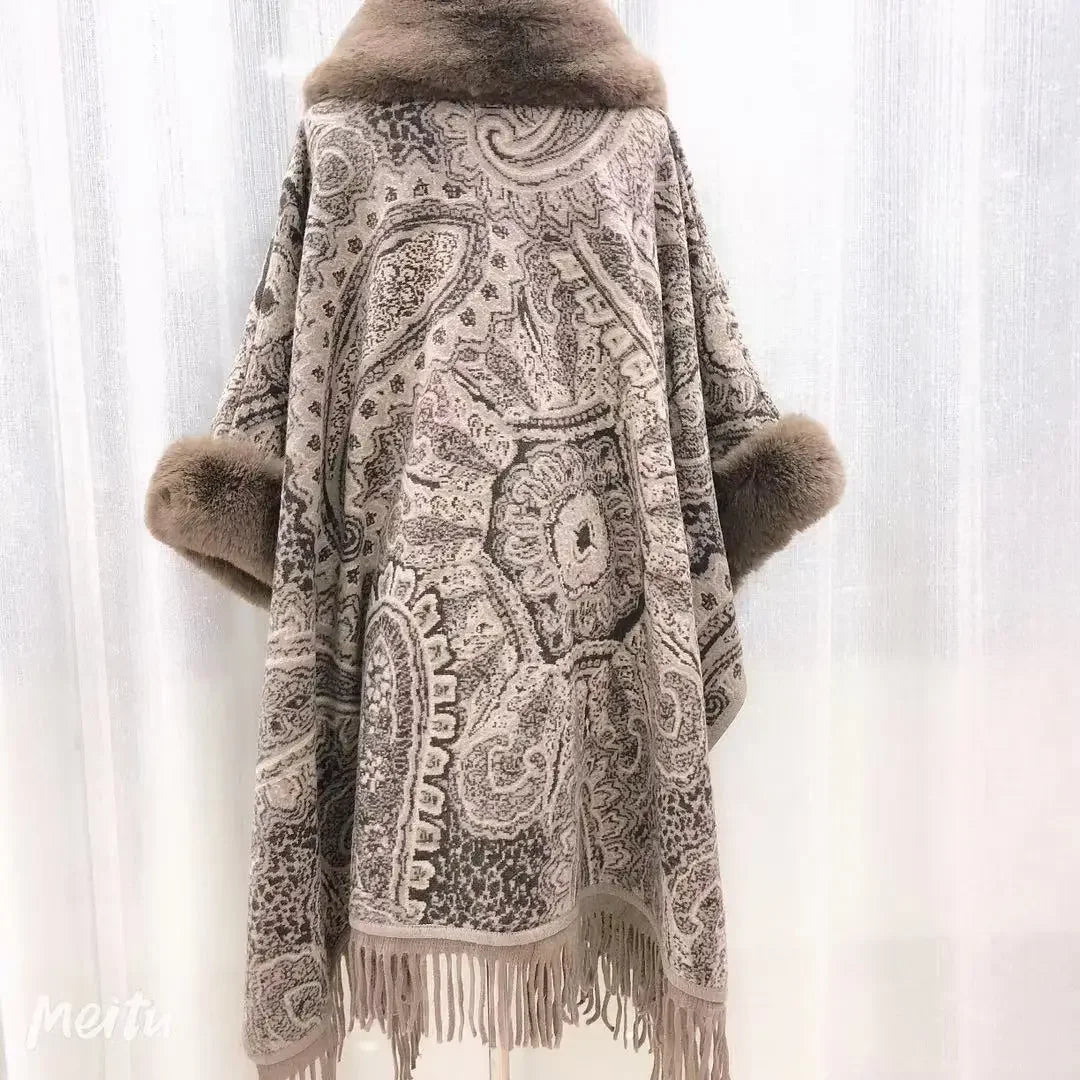 Thick Faux Fur Mantle Big Collar Loose Printed Poncho Pendulum Capes Streetwear Tassel Long Cloak Pocket Overcoat for Women