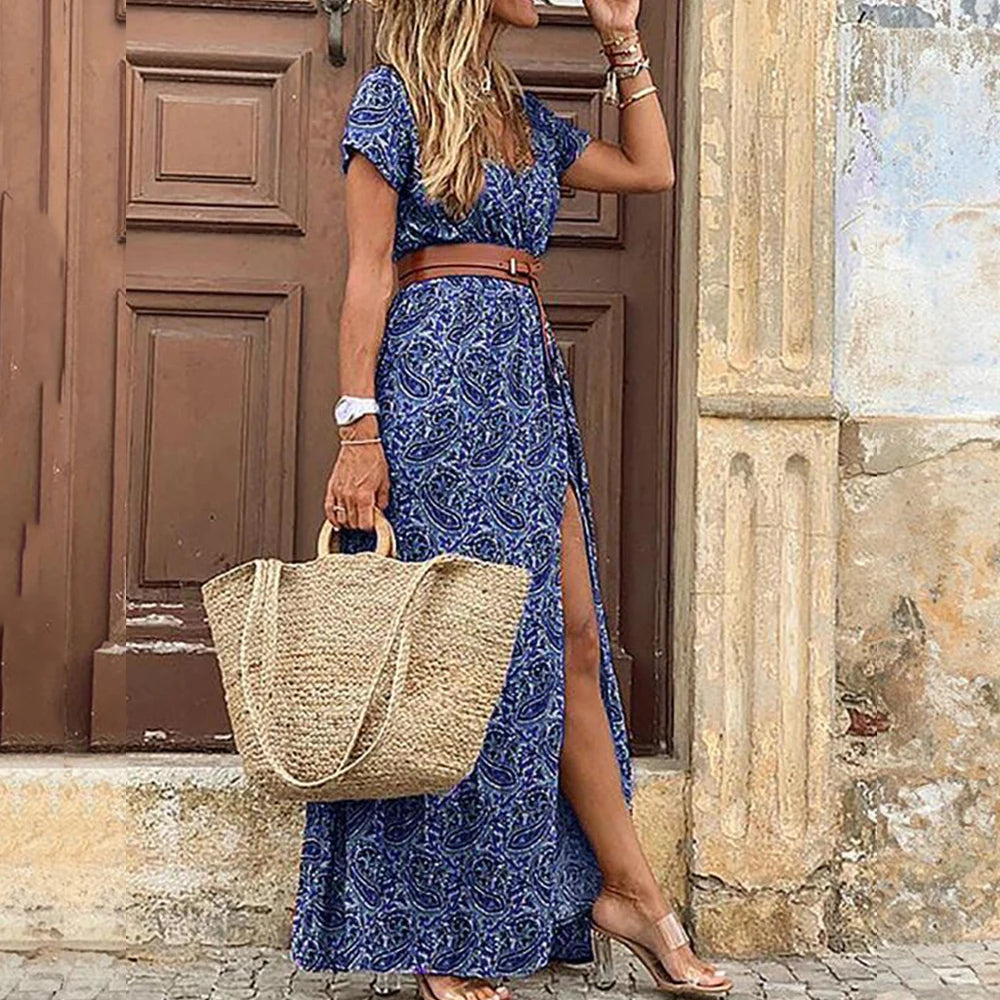 Printed Short Sleeve Maxi Slit Dress