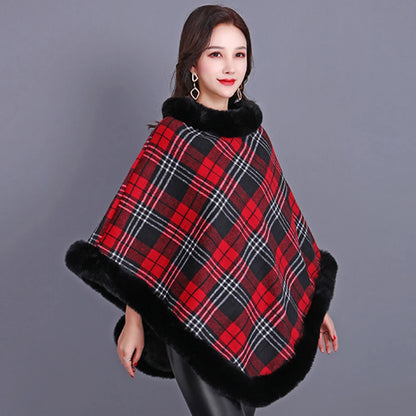 Winter Thick Warm Poncho Faux Rabbit Fur Collar Cape Coat Outerwear Fluffy Plush Wraps Cloak Shawl for Women