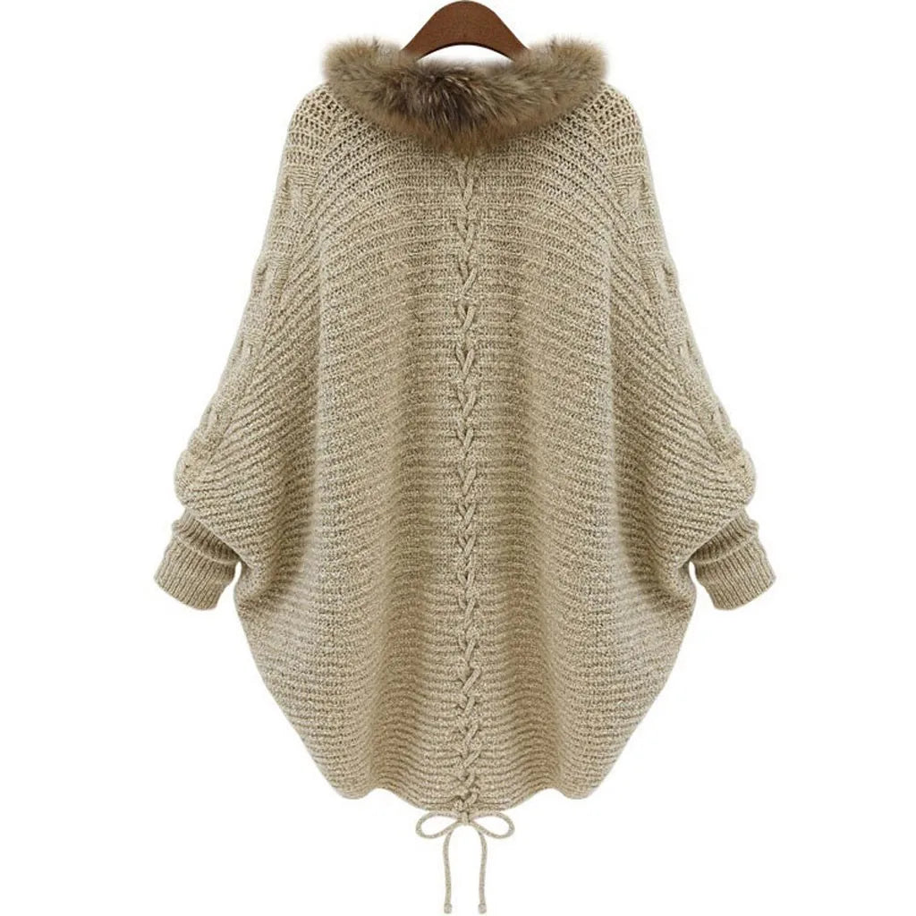 Thick Poncho Capes Autumn Winter Femme Knitted Bat Sleeve Fur Collar Sweater Knitted Cardigan for Women