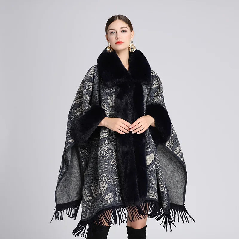 Thick Faux Fur Mantle Big Collar Loose Printed Poncho Pendulum Capes Streetwear Tassel Long Cloak Pocket Overcoat for Women