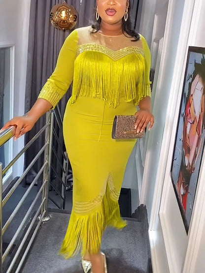 Elegant Bodycon Dress for Women Crystal Mesh Patchwork Crew Neck Sweetheart Tassel Midi Dress Chic Night Out Party Dress