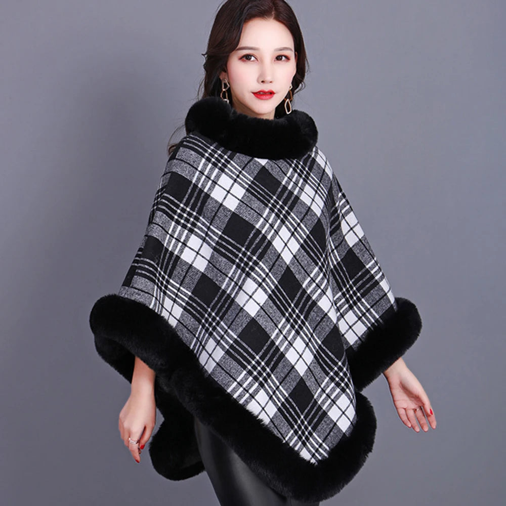 Winter Thick Warm Poncho Faux Rabbit Fur Collar Cape Coat Outerwear Fluffy Plush Wraps Cloak Shawl for Women