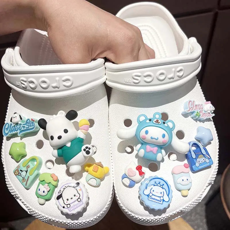 New Sanrio Kuromi LED Accessories Shoe, Charms Buckle Set Cartoon Cinnamoroll Melody Pochacco Kawaii DIY Charm Gift, 7-8Pcs/Set