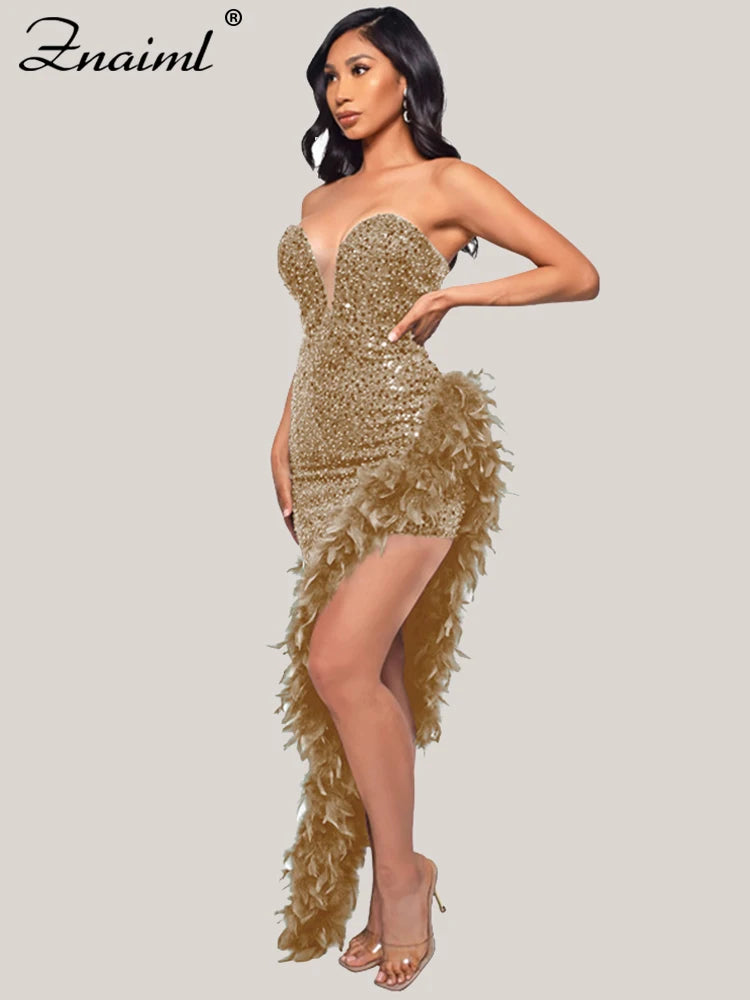 Elegant Feathers High Split Birthday Party Glitter Sequins Maxi Dress Women Night Club Wedding Evening Prom Dresses