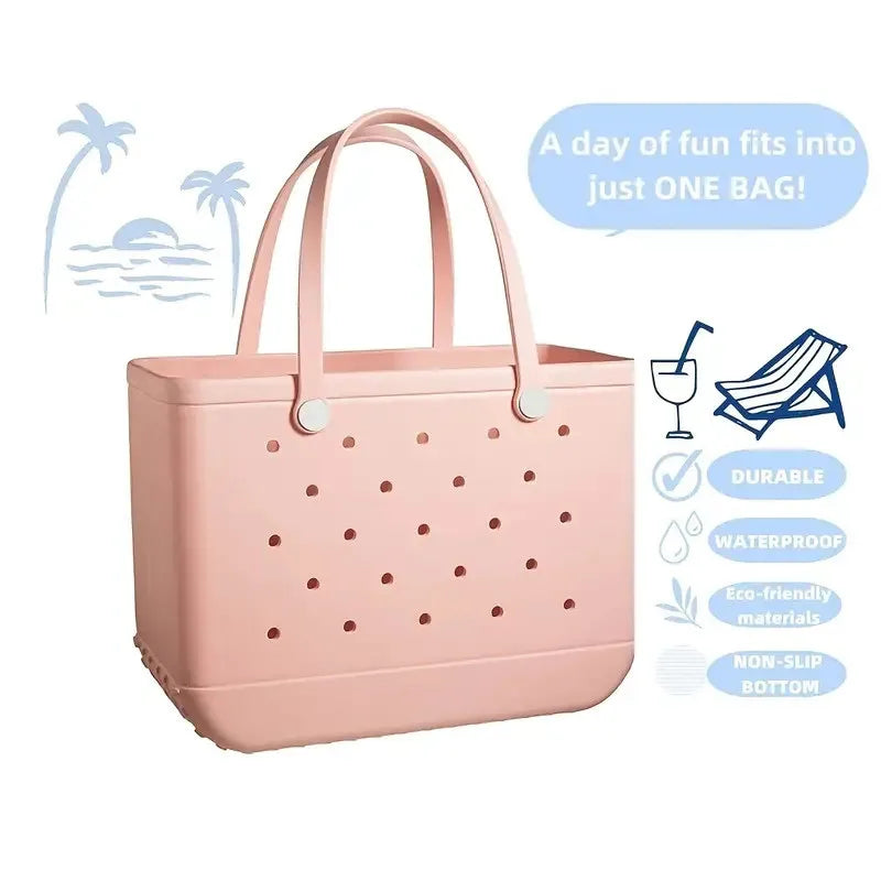 EVA Beach Basket Summer Picnic Tote Bag, Hole Waterproof Handbag, Pouch Shopping Shoulder Bag, Large Boggs Beach Bag