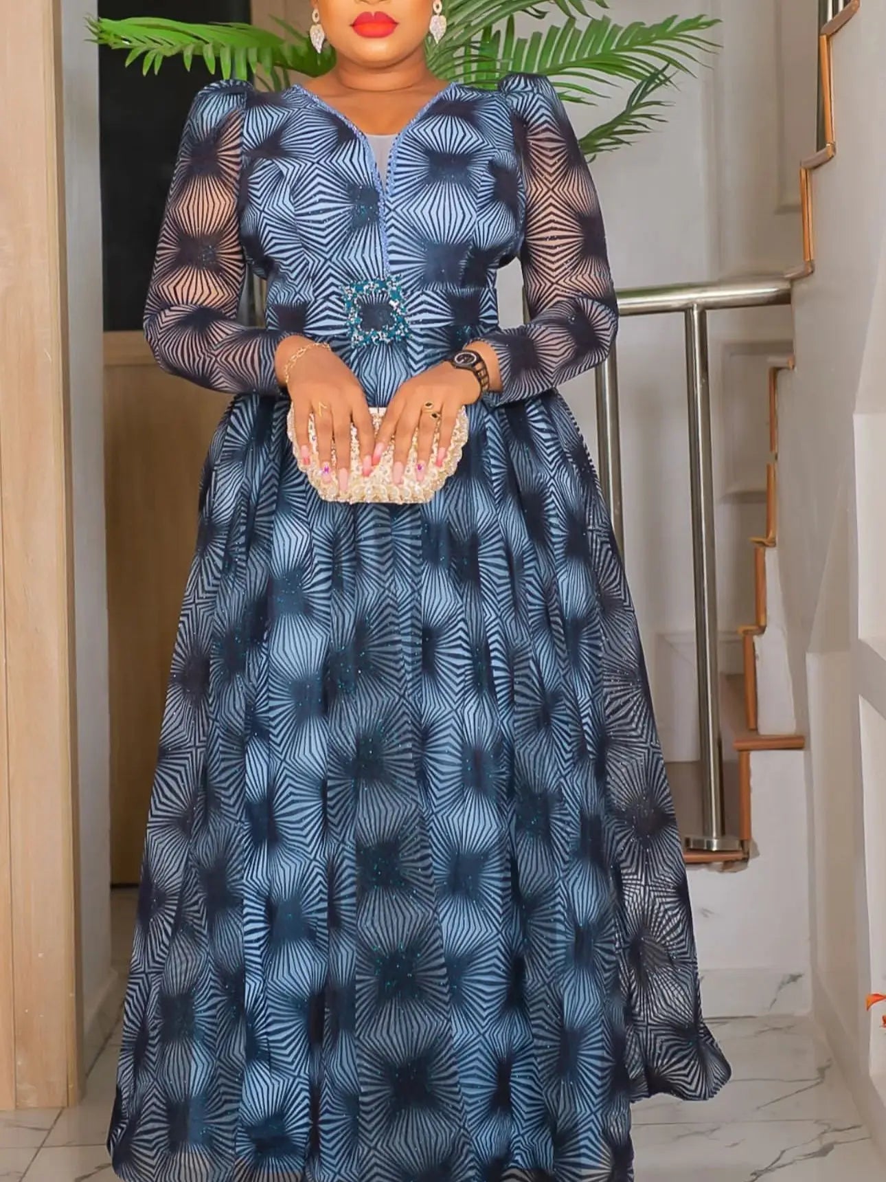 Long Sleeve Belted African Maxi Dress