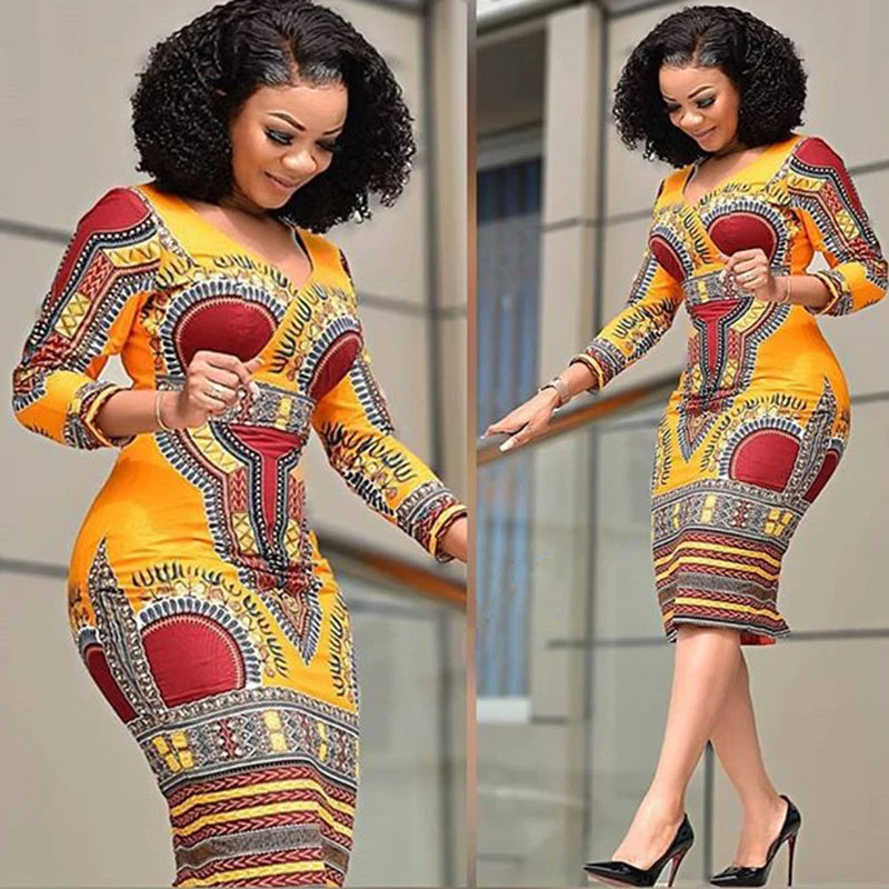 Dashiki Print Long Sleeve Bodycon African Dress