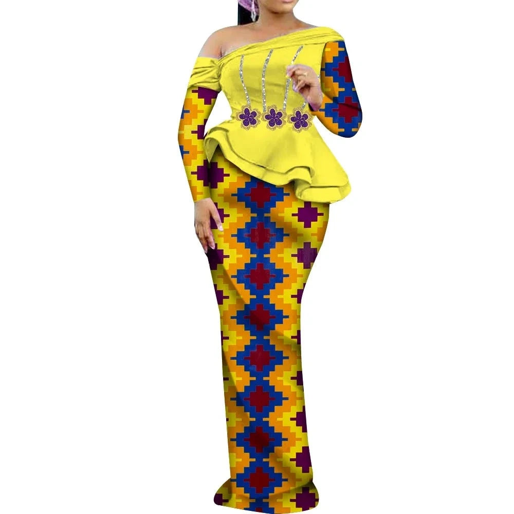 One Shoulder Long Sleeve Dashiki Print Peplum African Dress