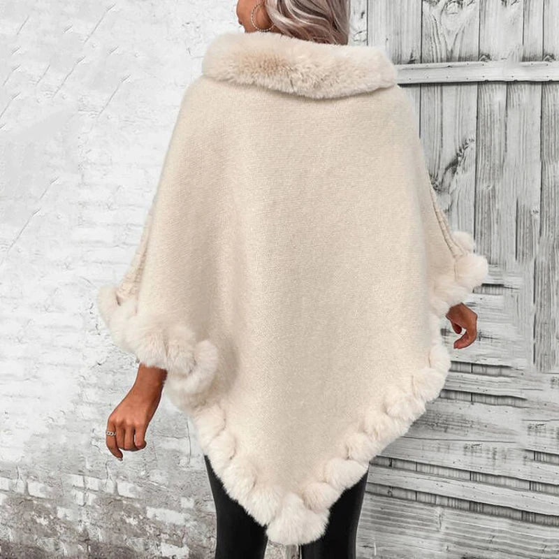 Plaid Stripes Faux Fur Pullover Cape Coat Autumn Winter Knit Poncho Cloak Wrap Shawl for Women