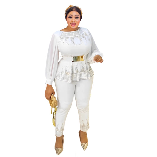 Beaed Long Sleeve Peplum Top and Pants African Clothes