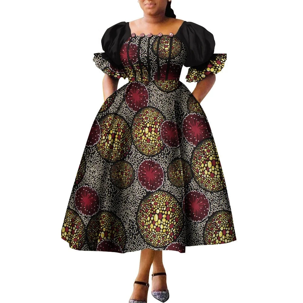 Dashiki Puff Short Sleeve African Midi Dress