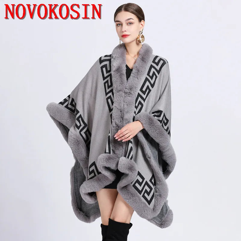 Striped Poncho Cape Cashmere Loose Shawl Cloak Women Faux Rabbit Fur Collar Big Pendulum Coat for Women