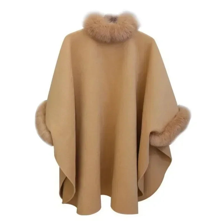 Mid-length Coat Cape Loose-fitting Pure Color Poncho Coat Travel Winter Fake Fur Coat for Women