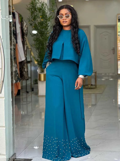 Spring Clothes for Women 2 Piece Sets Women Outfit Lantern Sleeves Suit with Wide Pants and Top High Quality Ladies Elegant Sets