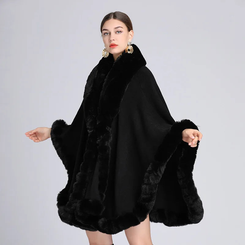 Rabbit Faux Fur Shawl Lady Cashmere Feel Wrap Autumn Winter Solid Color Cloak Classic Luxury Warm Overcoat for Women