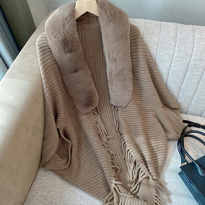 Knitted Tassel Shawl Wear Warm Thick Poncho For Women Pashmina Striped Cardigan for Women