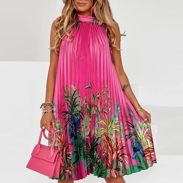 Lady Casual Loose Halter Pleated Maxi Dress Women Fashion Leaf Print Sleeveless Summer Beach Dress Elegant Halter Long Party Dress