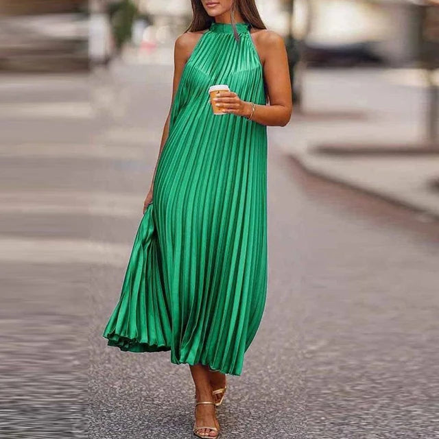 Lady Casual Loose Halter Pleated Maxi Dress Women Fashion Leaf Print Sleeveless Summer Beach Dress Elegant Halter Long Party Dress