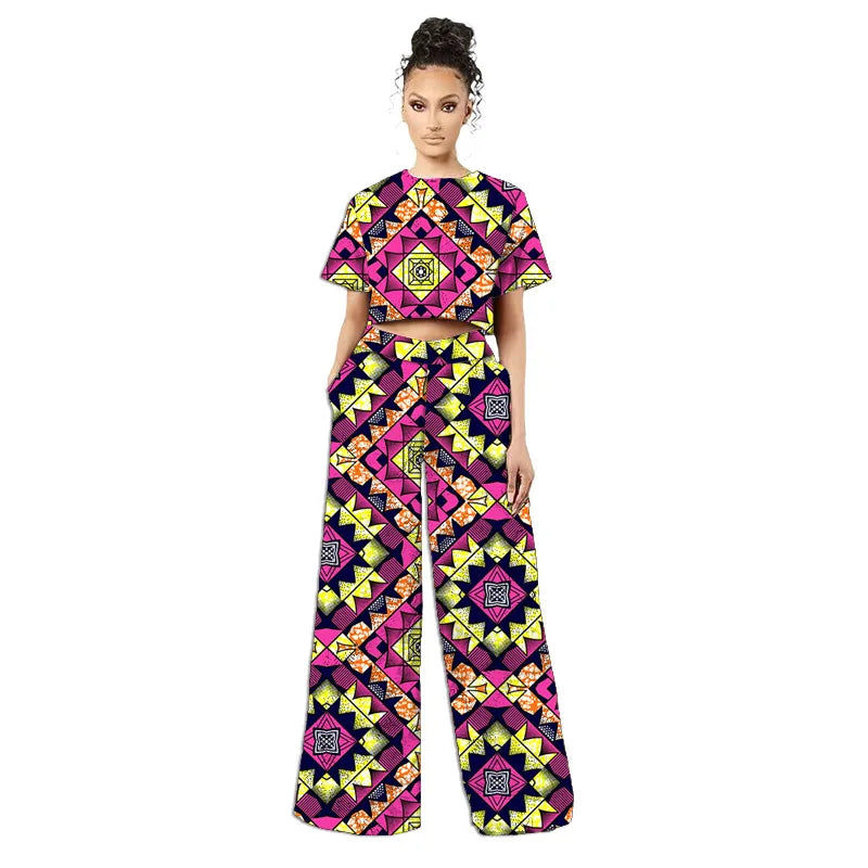 Original Design African Two Piece Set Retro Style Women Mini Top Wide Leg Pants for  Ladies' Trendy Attire Made To Measure