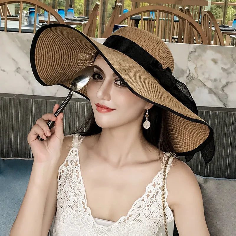 Women Summer Straw Hat For Beach Travel UV Protection Cut Bucket sun Cap Girl Sun Hat wide Brim