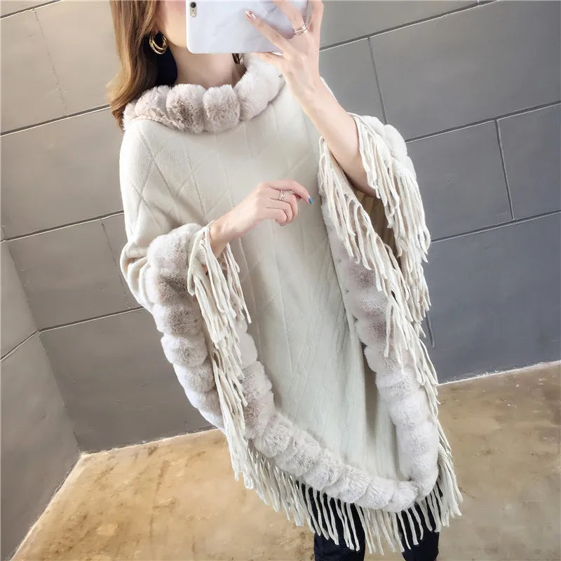 Imitation Rabbit Fur Coat Wool Collar Pullover Shawl Warmth Poncho Capes Cloak for Women